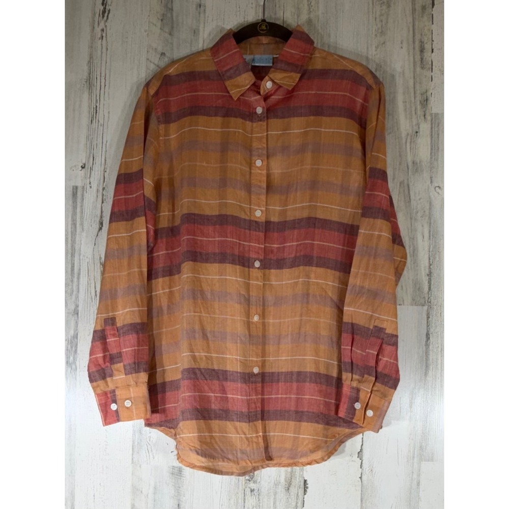 Alice Blue Linen Button Up Shirt 6 Orange Multi Plaid Coastal Boho Office Career